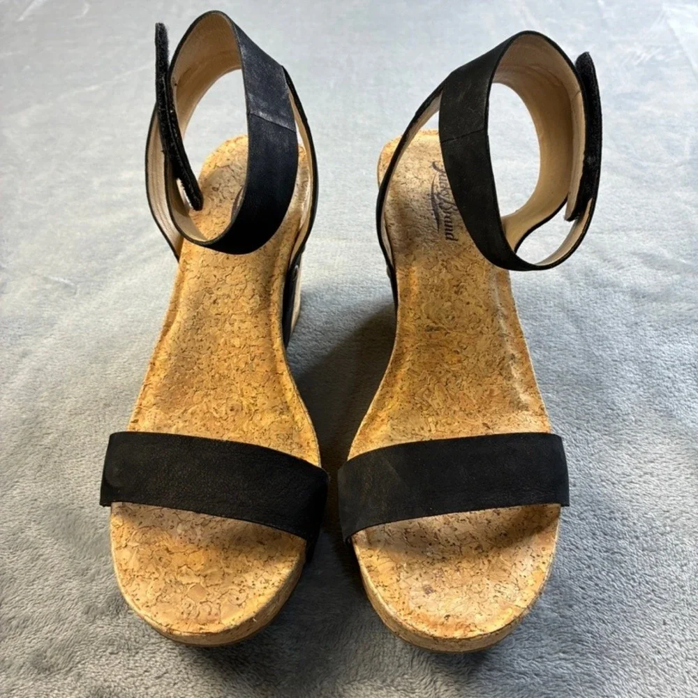 Lucky Brand McDowell Black Leather Cork Wedge Heel Sandals Womens 8M LK-MCDOWELL